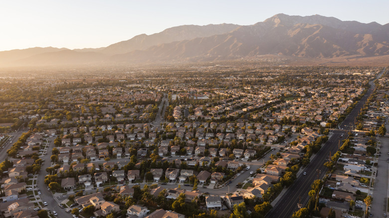 Sunset view of the residential suburban core of Rancho Cucamonga