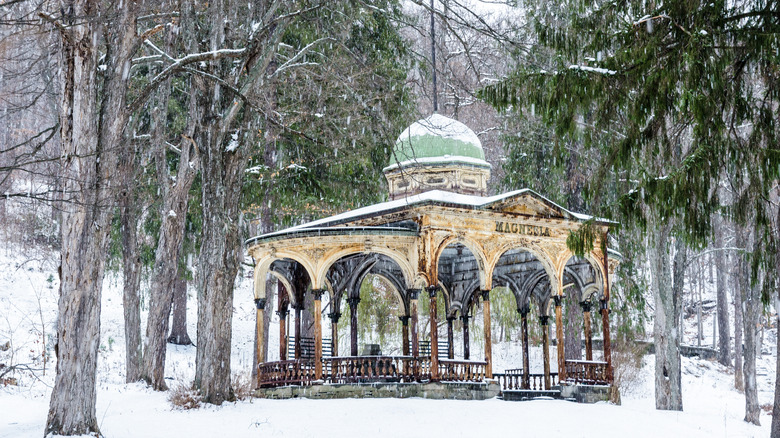 Historic outdoor gazebo in Sharon Springs, New York during a snowfall.