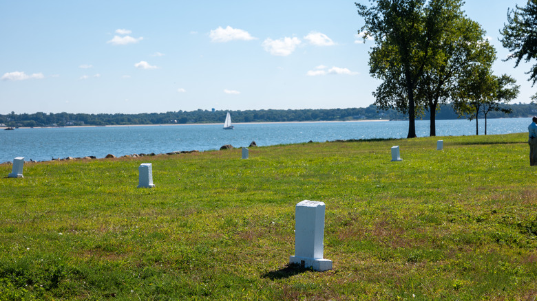 Headstones marking the burial grounds of Hart Island, New York