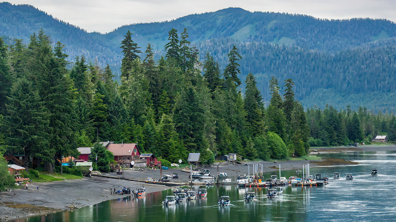 Boats on the water around the forested mountains of Kupreanof Island in Alaska's Tongass national forest