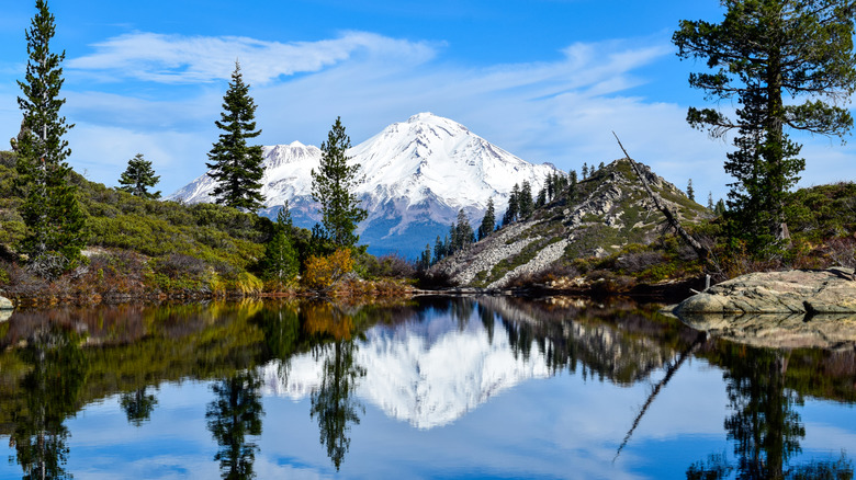 Reflection of Mount Shasta in the crystal-clear waters of Heart Lake