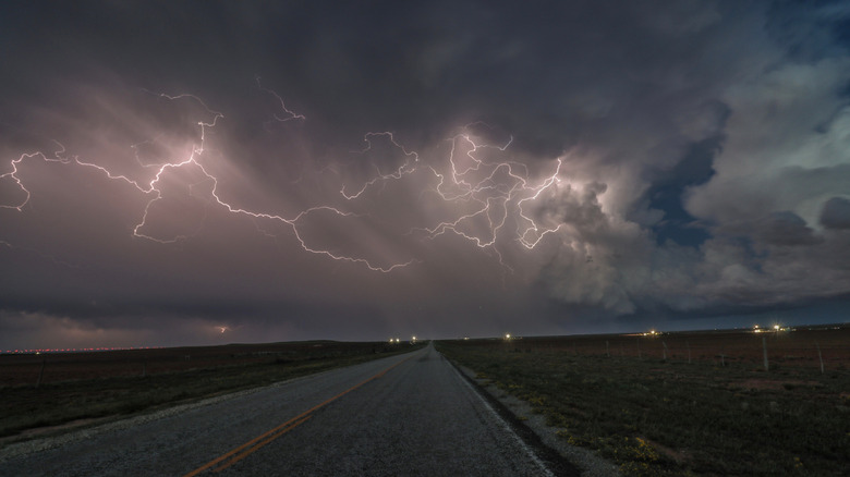 Lightning over a Texas road
