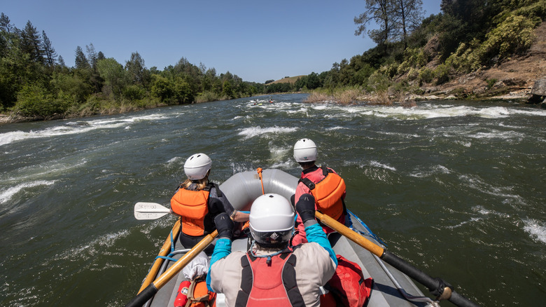A group of three navigates the whitewater rapids of the American River