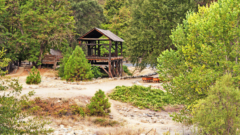 A replica of the spot where gold was first discovered in the Sierra Nevadas stands in the woods