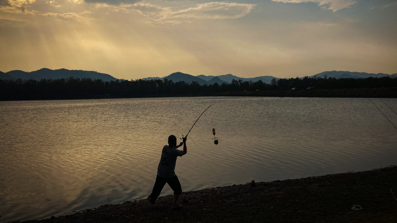 A silhouette of a person fishing