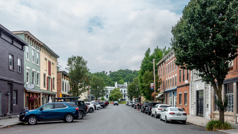 Cars parked on main street in Coxsackie, NY