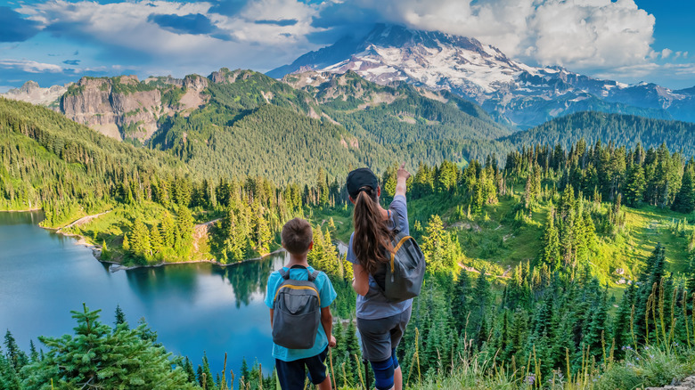 Mother and son hiking at Mount Rainier National Park