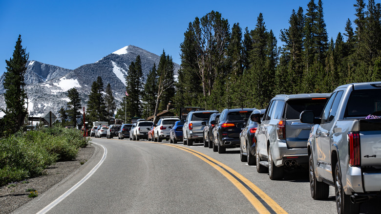 Line of cars outside of Yosemite National Park entrance