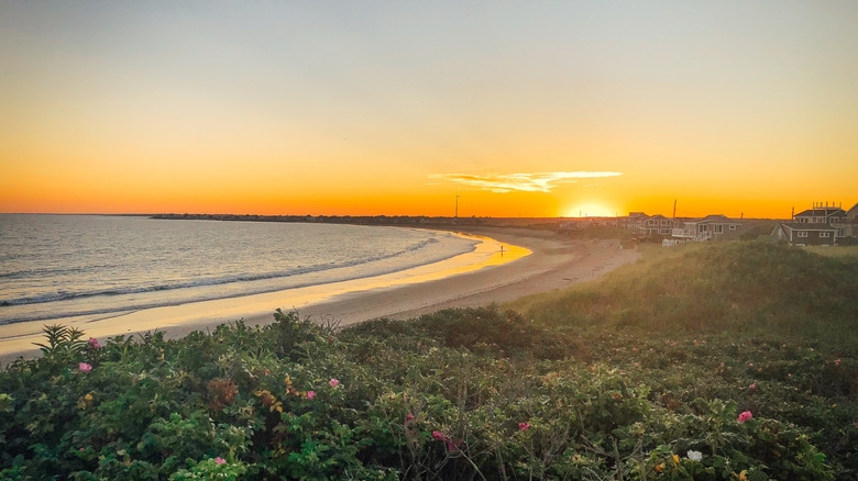 Matunuck beach and houses at sunset