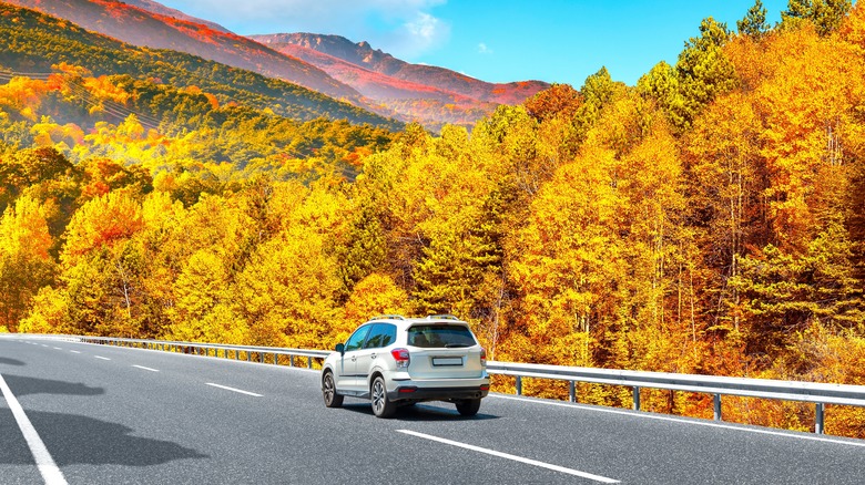 White car driving down the road in fall with mountains in the background