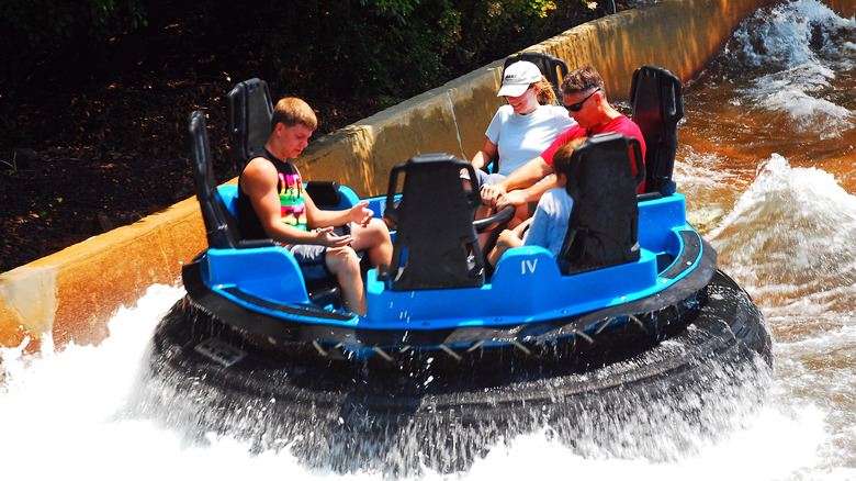 Three people on a water ride at Busch Gardens, Virginia