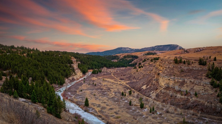 An aerial view of Belt Creek at sunset in Sluice Boxes State Park