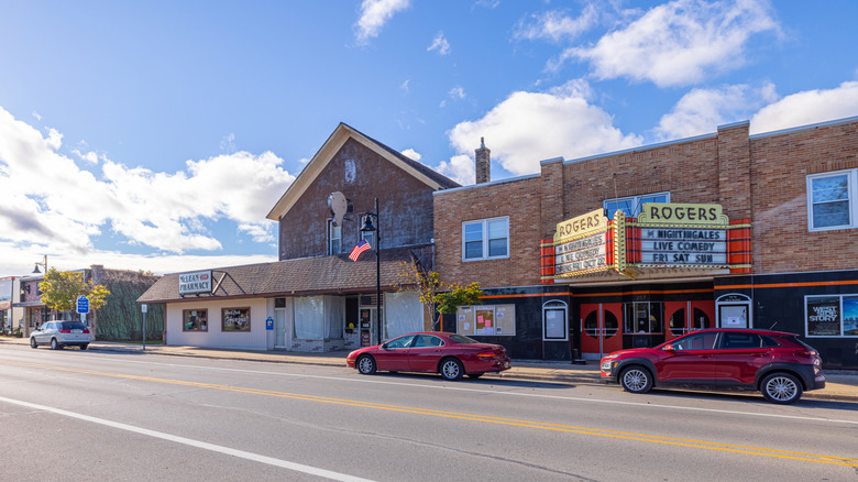 Brick buildings line downtown street