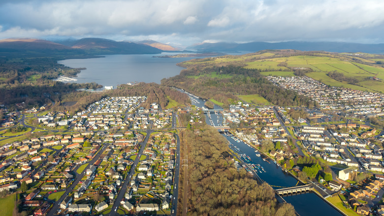 Aerial of Balloch on the shores of Loch Lomond