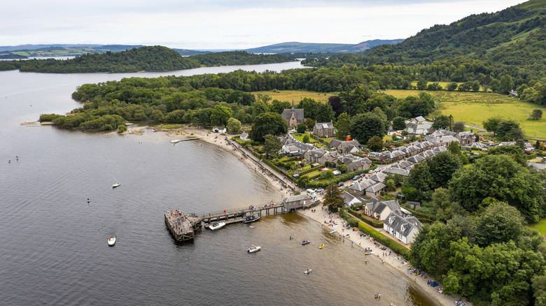 Aerial of Luss village on Loch Lomond, Scotland
