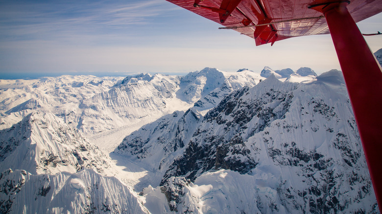 Aerial view of Ruth Glacier, Alaska from a red plane