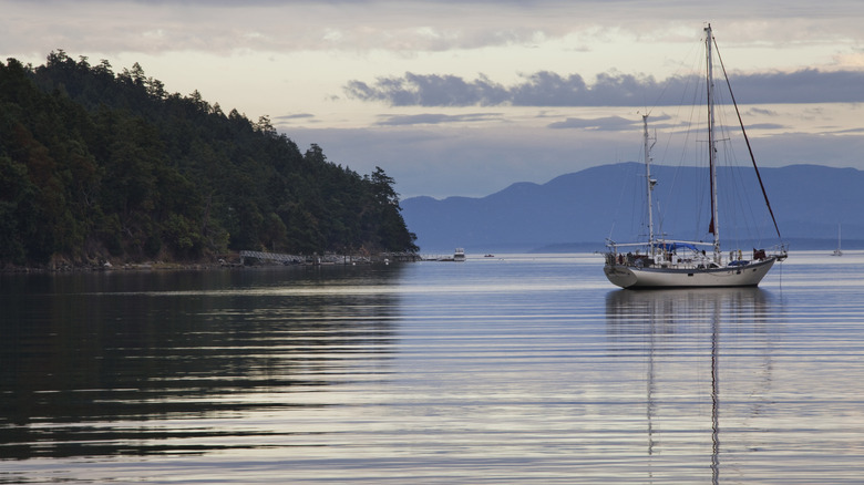 Boat moored at Pender Island dock in Canada