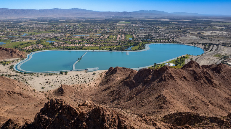 Aerial view of brightly hued Lake Cahuilla