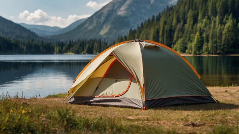 A camping tent sits by the side of a lake with woods and mountains in the distance
