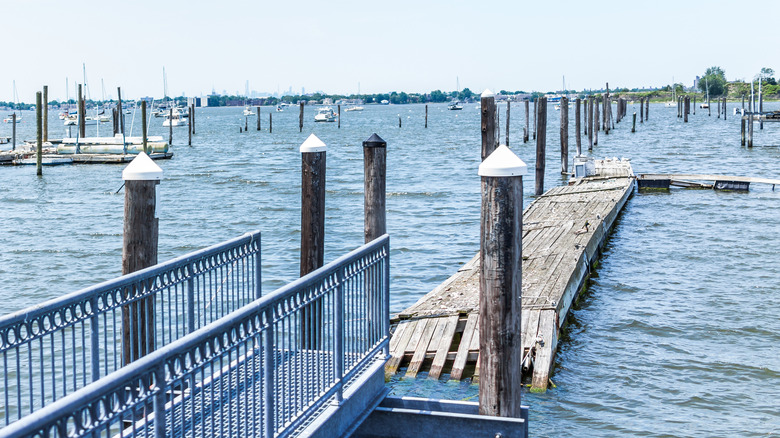 Boats in the water of City Island Harbor