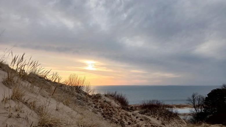 Sand dunes at Laketown Beach, Michigan at sunset