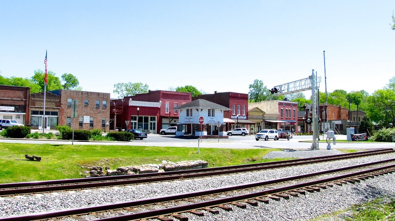 Train tracks in front of Main Street in Wartrace, Tennessee