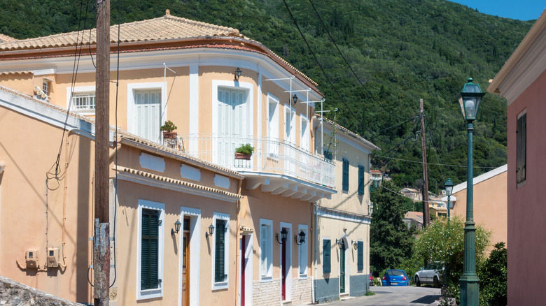 Pastel-colored buildings in small town with forest behind