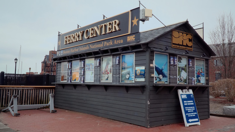 Exterior of ticket booth selling ferry tickets to Boston Harbor Islands