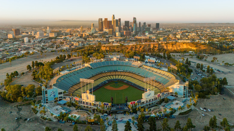 View of Dodger Stadium and the LA skyline from Elysian Park