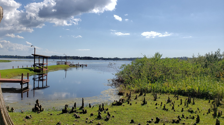 View of a blue sky and boat ramps on Lake Rousseau