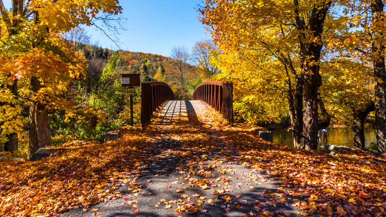 Small bridge going over Neversink Reservoir in Upstate New York's Catskills Mountains in the Fall.