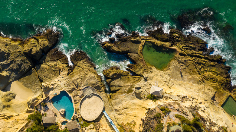Aerial view of the salt pools at Thousand Steps Beach, California