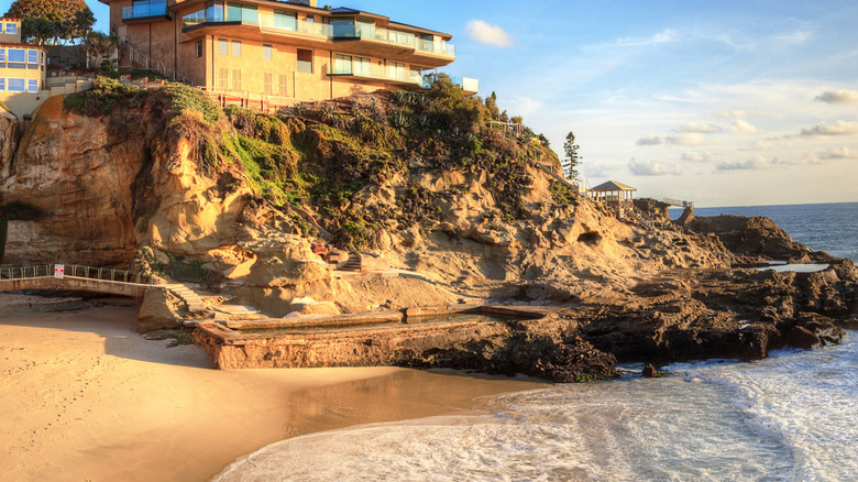 A view of Thousand Steps Beach and its rectangular cliffside pool in California