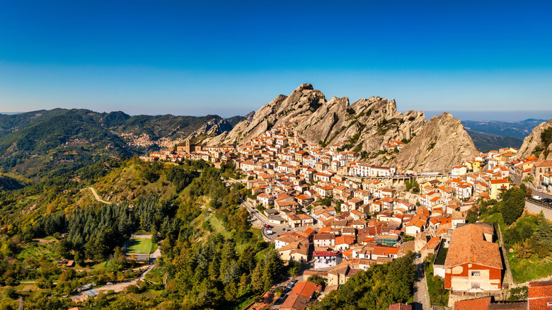 Bird's eye view of Pietrapertosa's mountains and village.