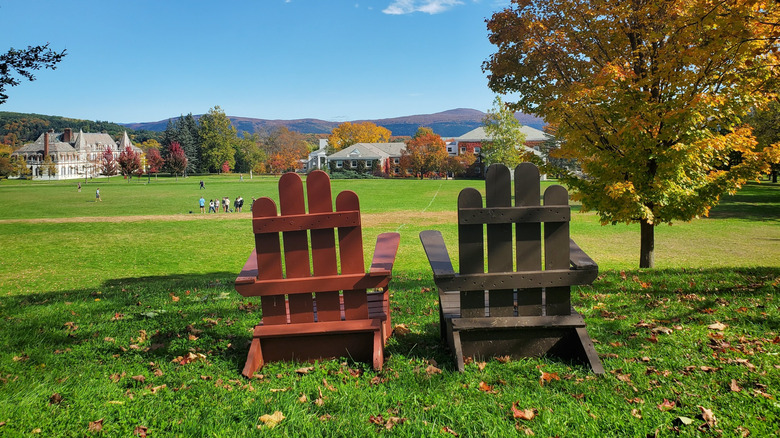 Two lawn chairs set up in front of Middlebury College.