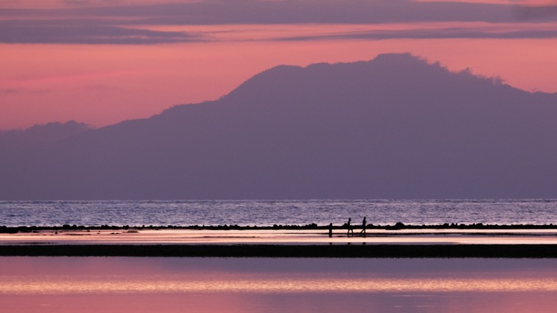 Ataúro Island in Timor-Leste at sunset, with the sky and sea colored in shades of pink, orange, and purple