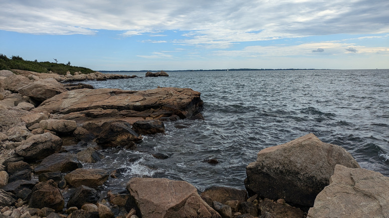 ocean view of Bluff Point State Park with rocky coastline and shrubs in the background