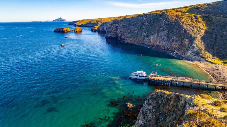 A boat docks on the side of a beach in the Channel Islands National Park in California