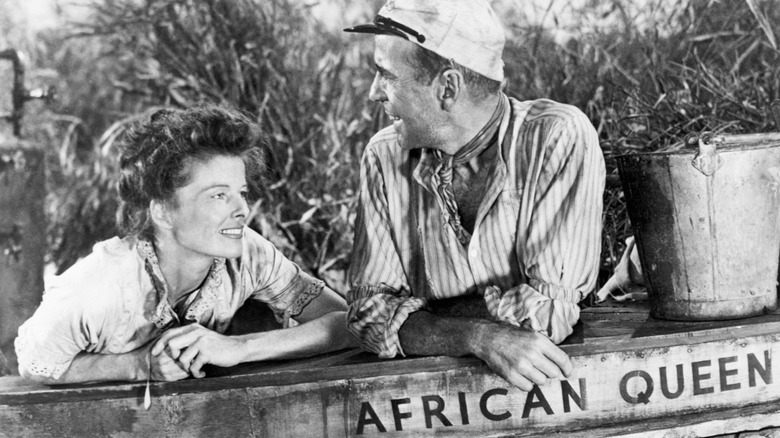 A promotional still from the 1951 film "African Queen," starring Humphrey Bogart and Katharine Hepburn