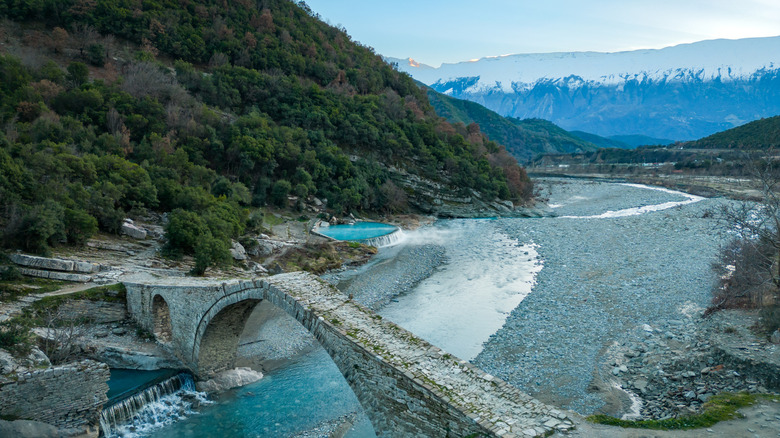 Ottoman-era stone bridge at Benje Thermal Springs near Permet, Albania