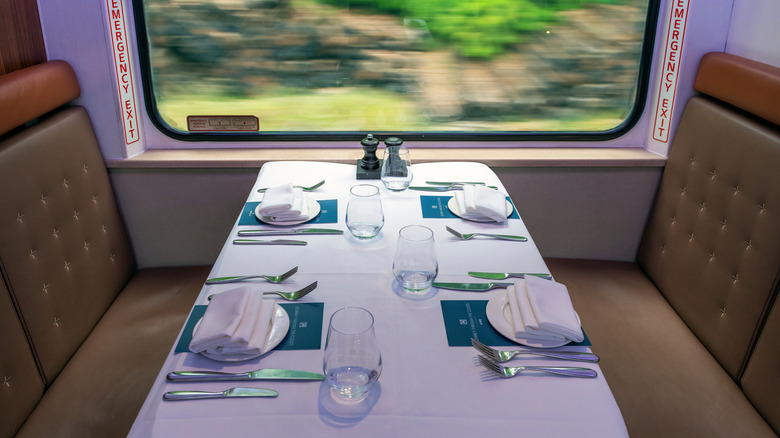 Set table for lunch in the restaurant carriage of the Rocky Mountaineer train