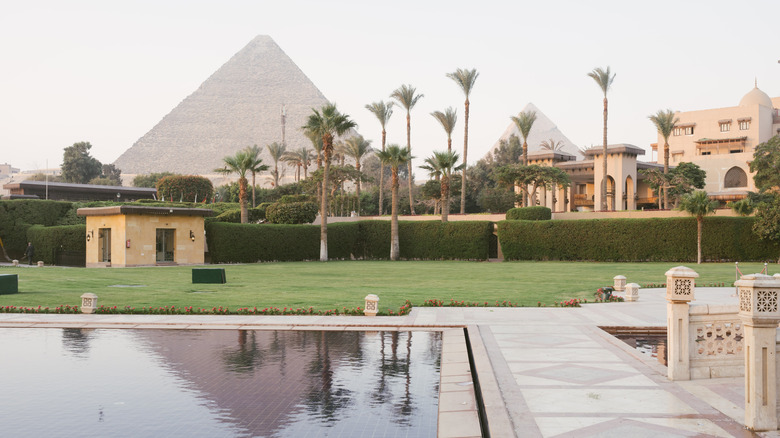View of the Great Pyramids of Giza from the Marriott Mena House pool