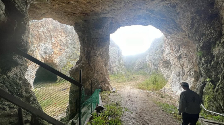 a view from inside the Ruggles Mine and caverns looks out into the valley