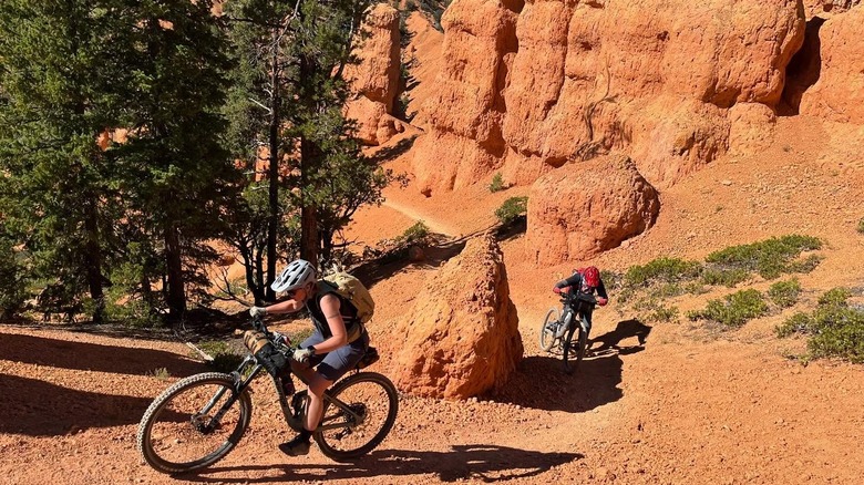 Two people ride through Utah on mountain bikes