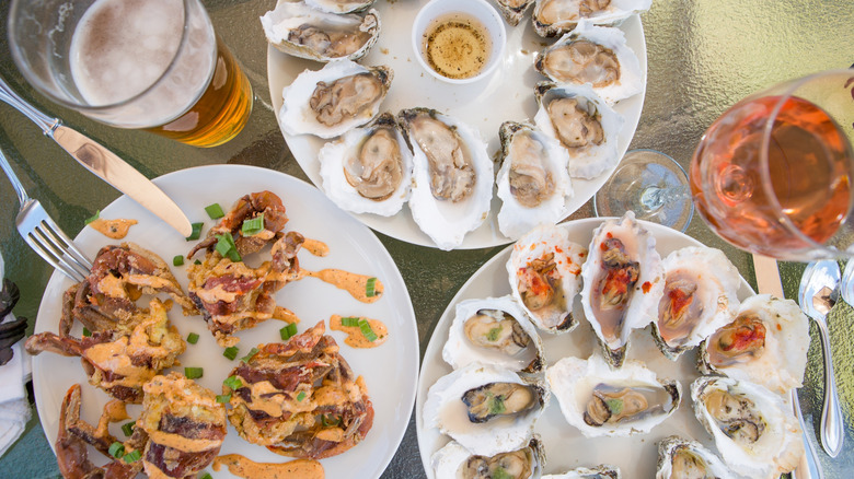 A feast of Chesapeake Bay soft-shell crab and oysters on the half shell