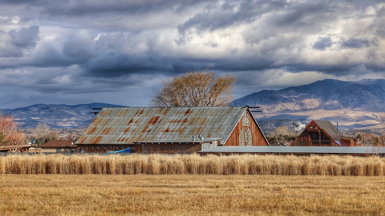 A barn stands below the mountains in the Carson Valley of Nevada