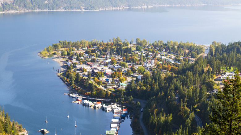 Birds-eye view of Kootenay Lake and the town of Kaslo in British Columbia, Canada