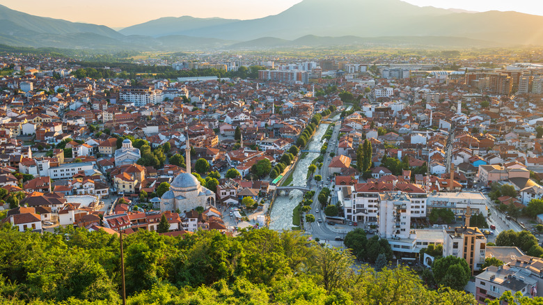 Cityscape over Prizren with surrounding mountains
