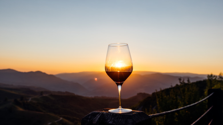 Glass of red wine against a beautiful sunset