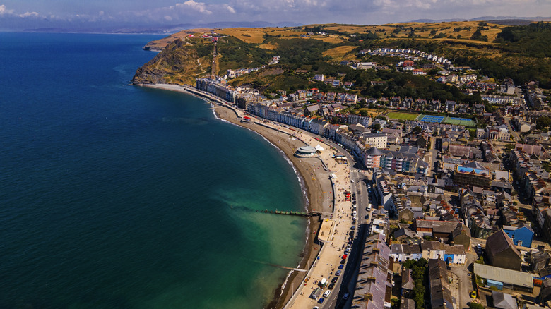 A sea meets the beach and town of Aberystwyth